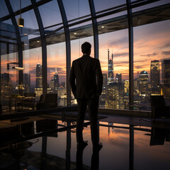 Geschäftsmann im Büro vor dem Fenster mit Blick auf der Skyline