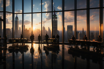 Geschäftsleute im Wolkenkratzer vor dem Fenster mit Blick auf der Skyline - obrazy, fototapety, plakaty