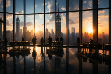 Geschäftsleute im Wolkenkratzer vor dem Fenster mit Blick auf der Skyline - obrazy, fototapety, plakaty