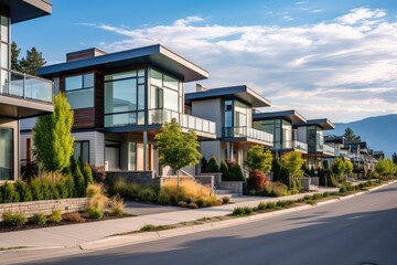 In British Columbia, Canada, there are contemporary residential buildings in the neighborhood of Kelowna. These houses showcase modern Canadian architectural styles and are low rise structures. In a - obrazy, fototapety, plakaty