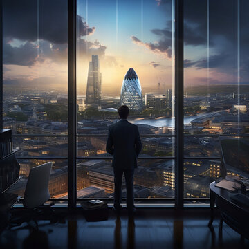 A Businessman Looking At The City Throught His Office Wall Window 