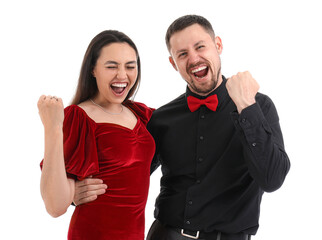 Happy engaged couple on white background