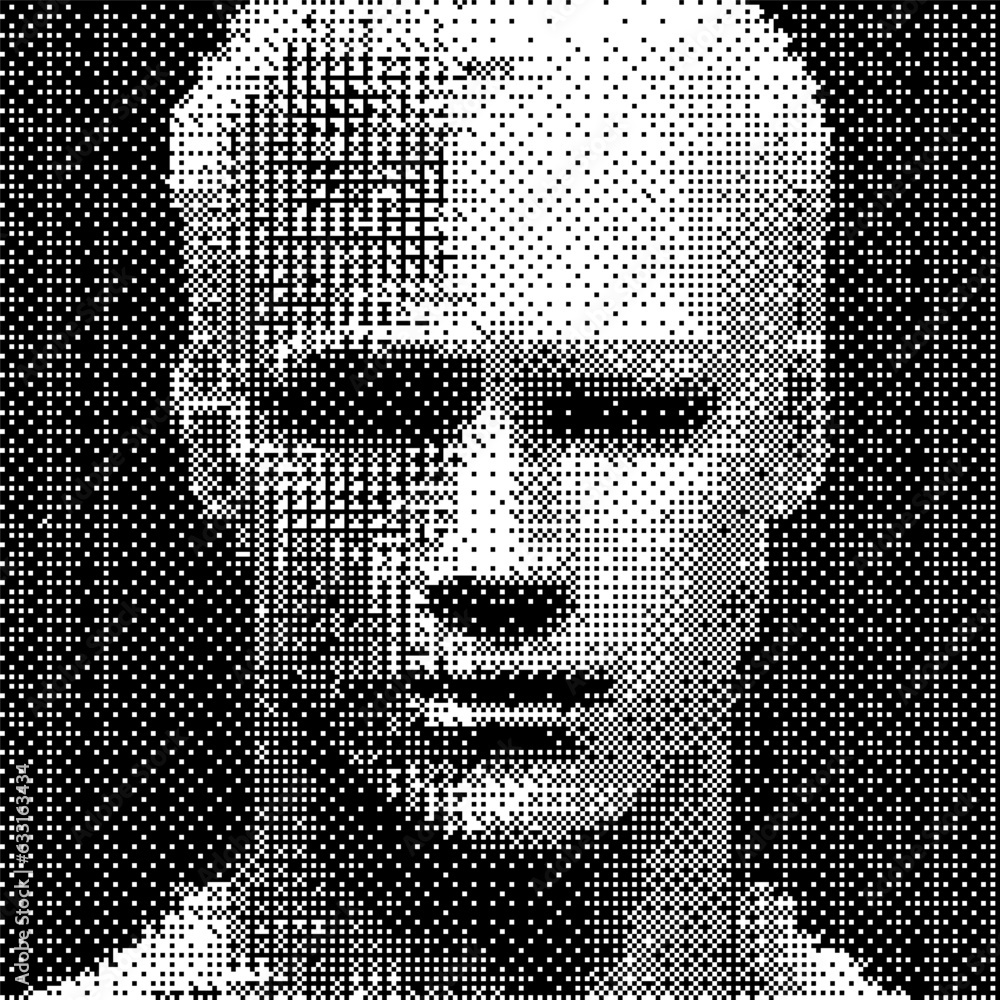 Poster 3D pixelated face of a robotic human head. Vector 8-bit style illustration.