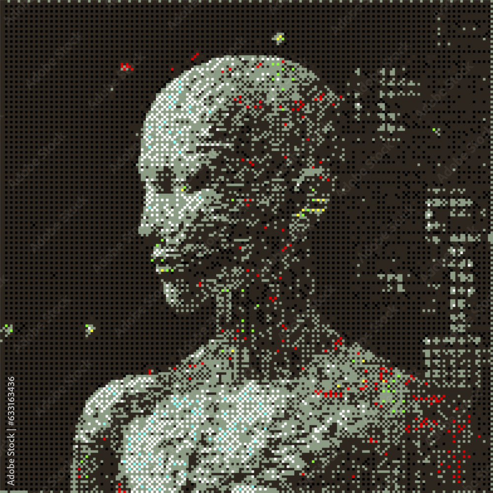 Aufkleber 3d pixelated face of a robotic human head. vector 8-bit style illustration.