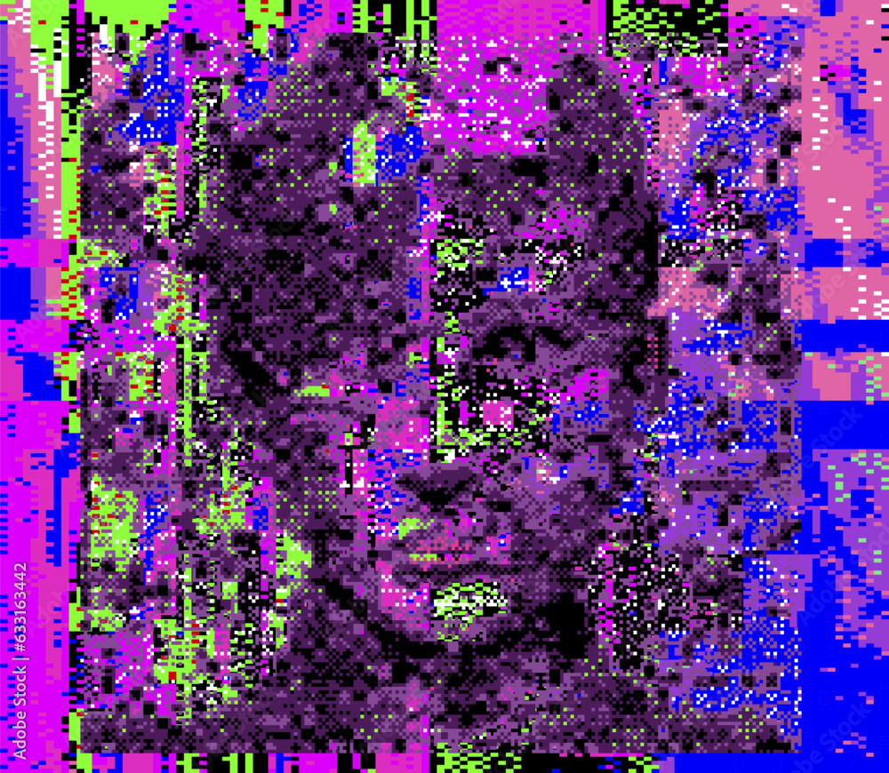 Poster 3d pixelated face of a robotic human head. vector 8-bit style illustration.