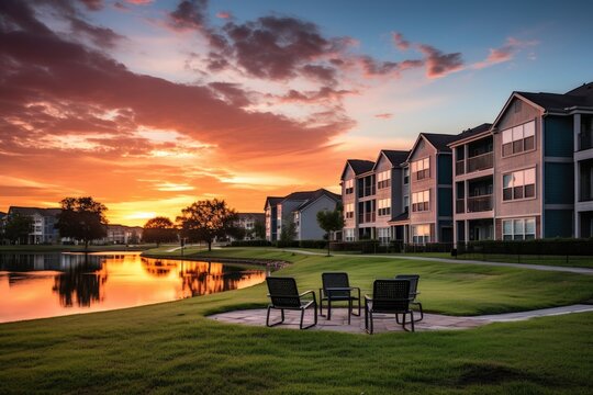 In Humble, Texas, USA, there is a typical apartment complex situated in a suburban area. From the grassy backyard of this complex, one can witness a stunning sunset casting a warm and comforting light