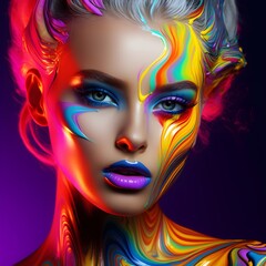 Fashion model woman face with fantasy art make-up.  Fashion art portrait,  neon colors. cosmetics, beauty salon. AI generated digital art