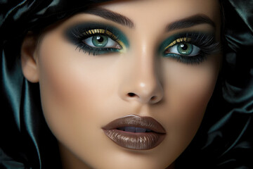 Stunning glamorous woman face. Perfect fashion make up with smoky eyes