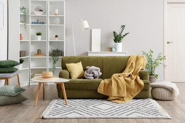 Cozy green sofa with soft blanket and cushions in interior of light living room