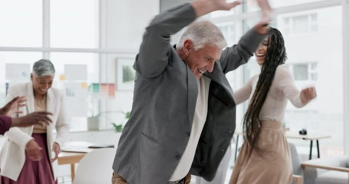Party, office and dance celebration with senior man ceo and colleagues applause in support of success. Team, dancing and business people crazy about growth, sale or profit target for startup victory