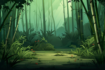 2D abstract bamboo forest background environment for mobile adventure or battle game. Bamboo grove cartoon style in game art background environment.