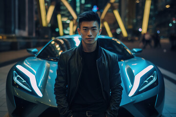 Young Asian man next to blue luxury sport car. Nightlife