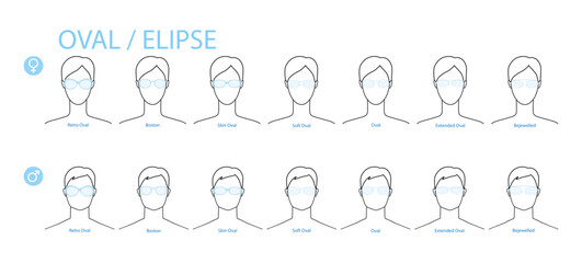 Set of Oval frame glasses fashion accessory illustration. Sunglass front view for Men, women, unisex silhouette style, flat rim spectacles eyeglasses with lens sketch style outline isolated on white