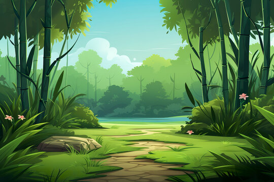 2D abstract bamboo forest background environment for mobile adventure or battle game. Bamboo grove cartoon style in game art background environment.