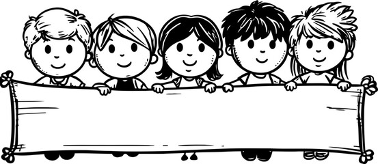 Children holding banner sketch drawing