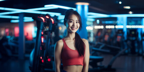 Portrait of a young Asian woman in a fitness club - 633166014