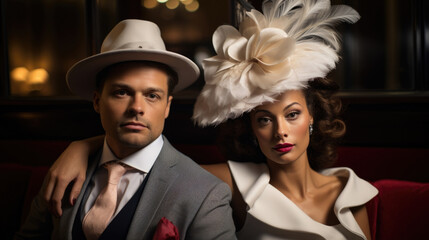A portrait of a man and woman wearing fascinators in the VIP lounge of the club.