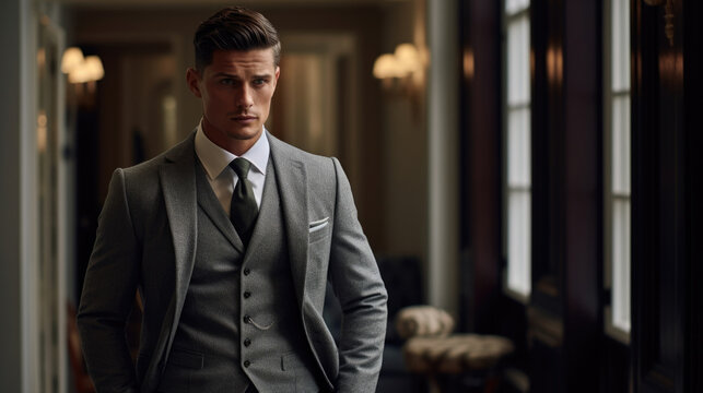 Luxurious fashion photoshoot in a modern villa featuring a male model in a grey tweed suit striding confidently toward the camera