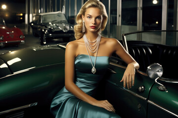 A woman in a long evening gown accessorized with a diamond necklace and earrings sitting in a classic car
