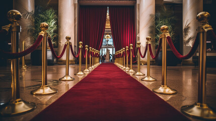A shot of the entrance to the event with a red velvet rope and golden stanchions flanking a redcarpeted walkway lined on either side - obrazy, fototapety, plakaty