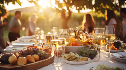 An outdoor meal set up in a vineyard with a group of people enjoying a variety of different types...