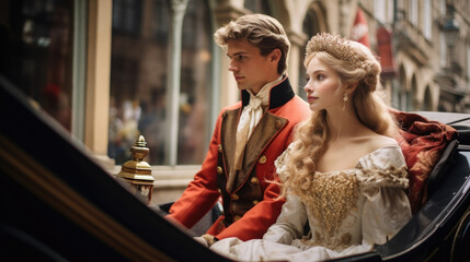 Obraz premium A regal couple in period dress looking out the window of an ornatelydecorated carriage as it trots through a cobblestonelined historic