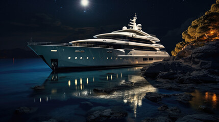 A luxurious yacht illuminated by the full moon bobbing gently in the night waters with a distant...