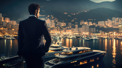 Fototapeta na wymiar A man dressed in a tailored evening suit admiring the view of a fleet of beautifully designed yachts set against the backdrop of the