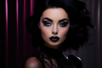 Fototapeta premium A closeup shot of a model wearing a sensational dress of midnight black. Her eyes are accentuated with a heavy smoky eye and her lips