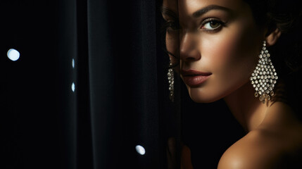 An exquisite shot of a woman with her face partially hidden from view showing off her diamondencrusted earrings in a dark and mysterious