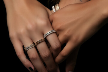 A closeup of four hands intertwined each wearing an expensive diamondstudded ring.