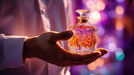 The perfumer holding up a finished bottle of highend perfume with a warm shining background that brings out the vibrant colors of