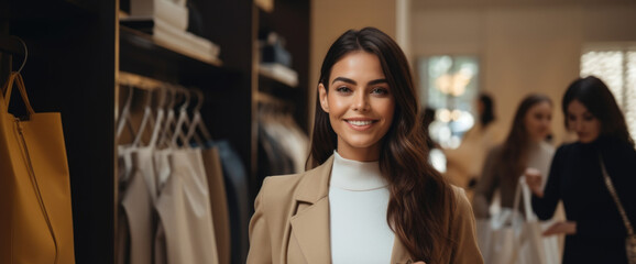 A smiling woman in a luxury boutique with her personal stylist beside her carrying multiple shopping bags full of new stylish clothes.