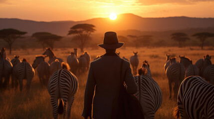 A close up of an experienced tracker pointing out a herd of zebras in the far distance with the savannah sun setting in the background.