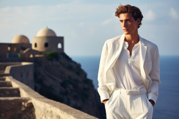 Lavish fashion photoshoot in a coastal villa featuring a male model in an allwhite linen ensemble standing atop a cliff with a wideopen