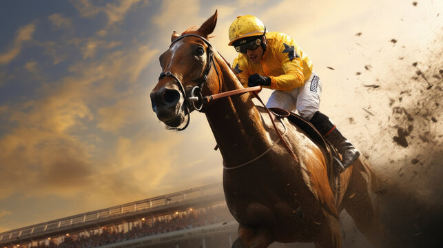 A shot of a jockey in the center of the track looking past the cheering crowds as he gallops with his horse.