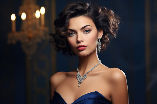 A beautiful woman stands in front of a luxuriously dd backdrop wearing a stunning gown of midnight blue. She wears an heirloom necklace