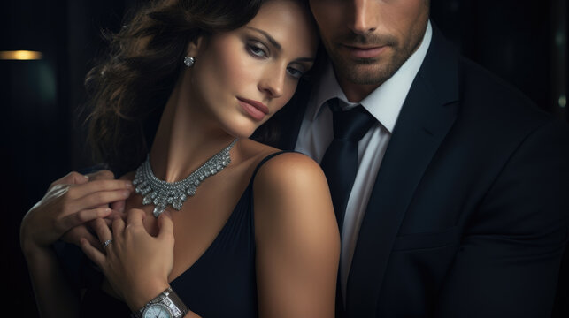 A stylish couple posing with a diamond encrusted watch around his wrist and a diamondstudded bracelet around her wrist.