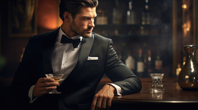 A man wearing a sharp tuxedo with a glass of whiskey in hand looking thoughtful in the corner of the lounge.