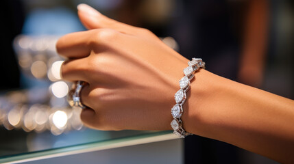 A closeup of a woman's hands checking out a diamond bracelet in a luxurious jewelry store.