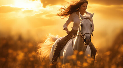 An action shot of a woman on a white horse riding through a golden field with a sunset behind her creating a dramatic background.