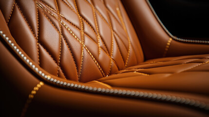 Closeup of a luxurious leather interior seat with golden accents focused on the intricate stitching of the leather.