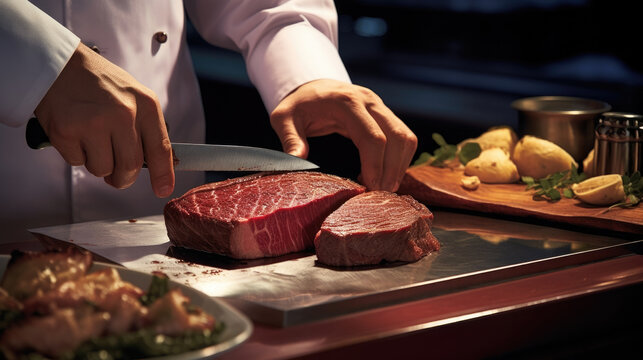 A closeup of a chef's hands odically slicing a plump steak as they prepare a gourmet dinner for passengers in the cabin of their private