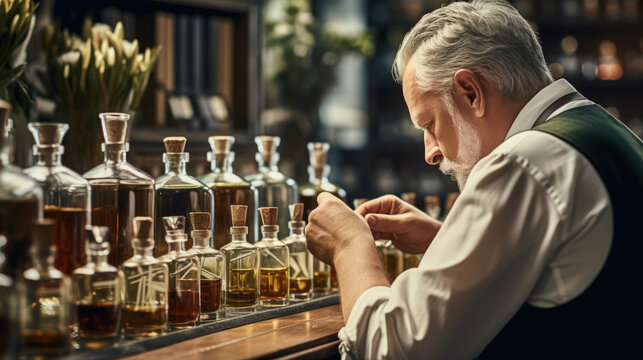 A shot from behind with the perfumer looking into the beaker intently carefully selecting the perfect combination of oils and fragrances