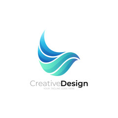 Simple wave logo design template, blue color