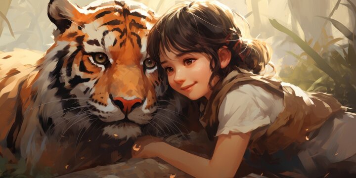 painting of adorable tiger and cute child in forest background, generative AI