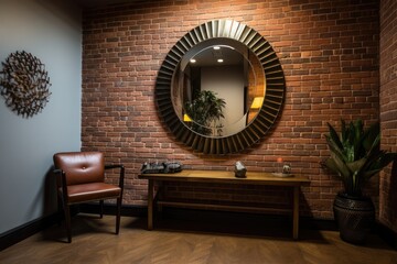 Inside the hallway, there is a large circular mirror, accompanied by a table and decorative items positioned next to a brick wall.