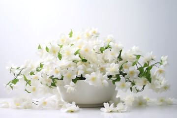 Jasmine flowers in a white vase in a white room, ,natural lighting. 