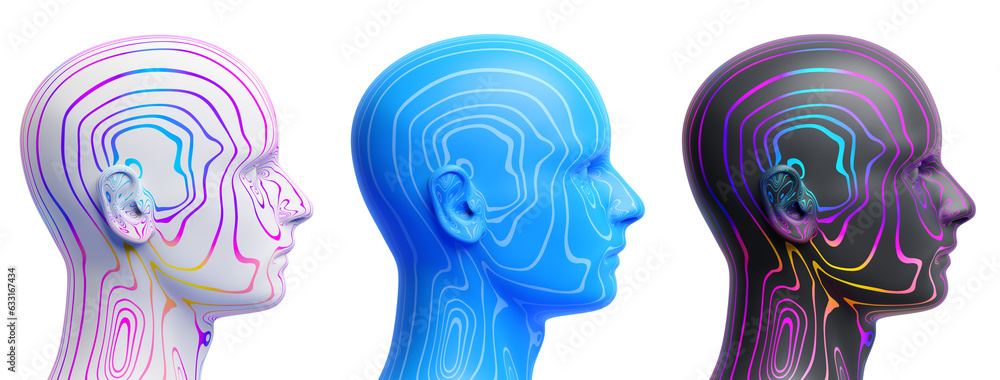 Poster set of abstract heads in different colors, 3d render