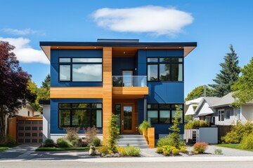 The typical exterior appearance of a freshly constructed contemporary suburban residence, set against a vibrant blue sky.